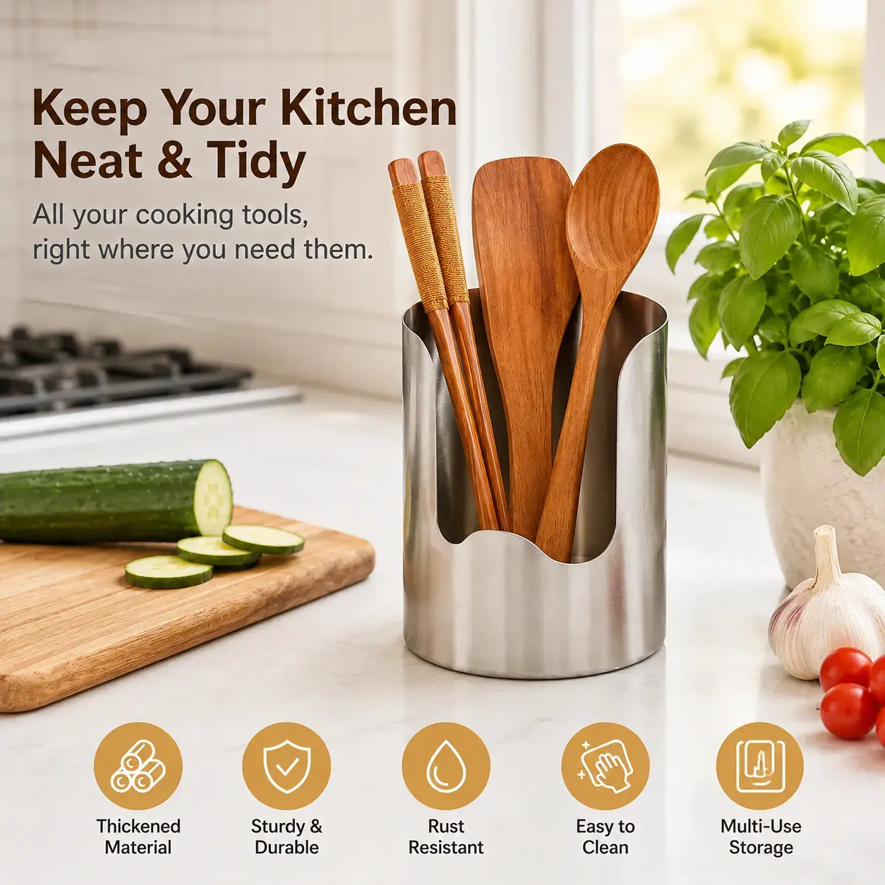 Stainless Steel Utensil Organizer for Kitchen Countertop, Rust Resistant Flatware Storage Holder, Durable Multi-Purpose Cutlery Organizer for Spoons, Forks & Kitchen Tools