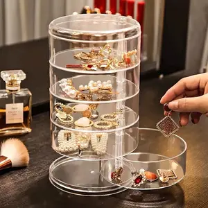 🔥5-Layer Transparent Rotating Jewelry Organizer with Dust Cover | All-in-One Tower for Hair Clips, Bracelets, Earrings & Watches – Stylish Vanity Storage