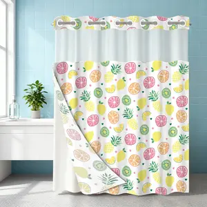 1PC double-layer large ring shower curtain, colorful fruit pattern background, shower curtain, high-end quick drying hanging curtain, bathroom, curtain, waterproof, anti mold curtain