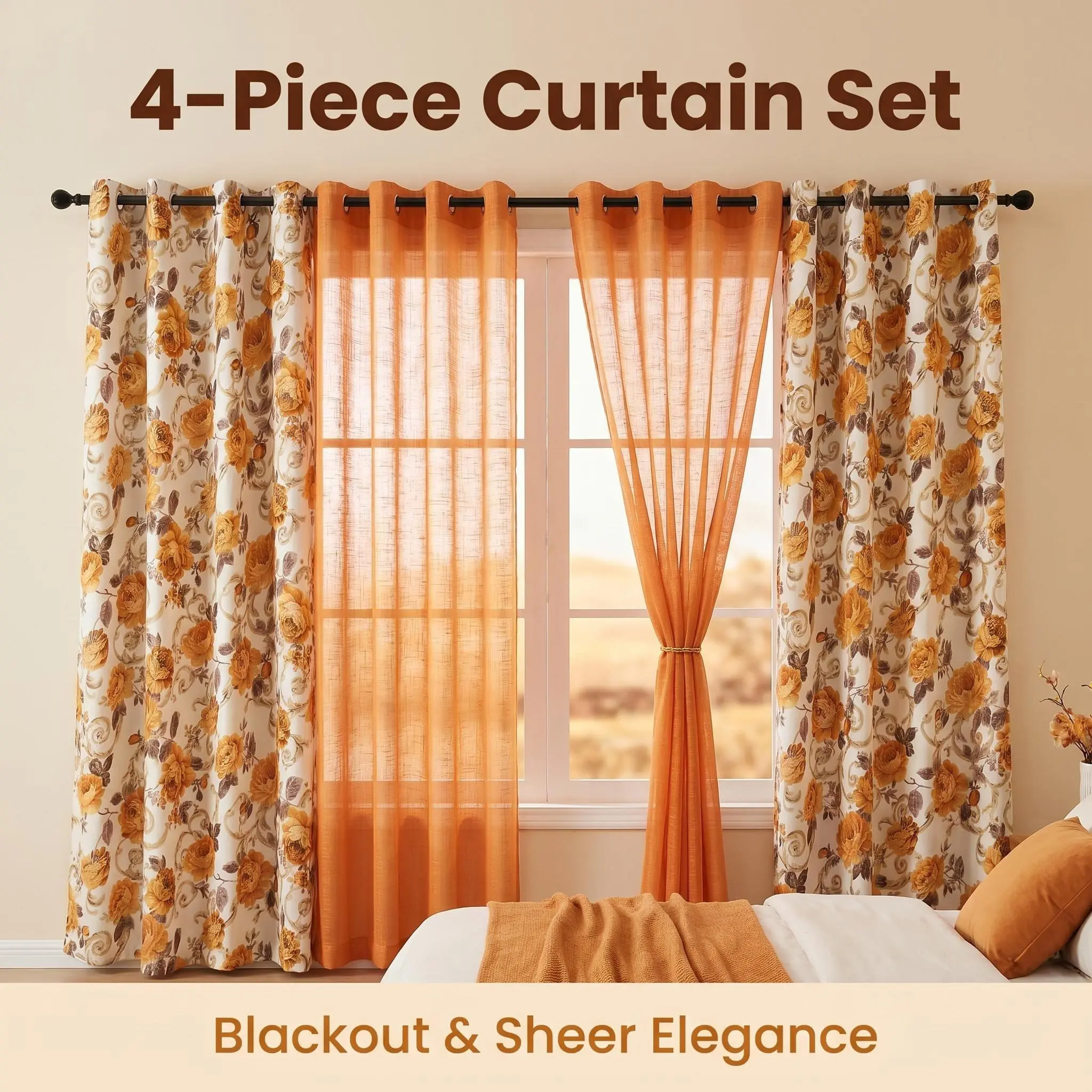 Lumina Window Curtain Panels 4/6-Panel Set (34/52"x84"), Grommet Drapes Combo - Blackout & Sheer, 2 Rose Print Metallic Gold Foil Blackout + 2/4 Slub Textured Light Filtering Sheer, Bamboo Yarn, Anti-Shrink Privacy Curtain for Living/Bedroom, QF261 L12