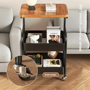 Portable Three-Tier Rolling Cart with Desktop, Wheel Bedroom Snack Rack, Sofa Side Table, Durable Carbon Steel Frame, Home Office Storage