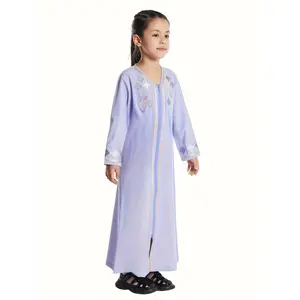 Girls' Elegant Long-Sleeve Kaftan Dress - V-Neck, Loose Fit, Polyester, Zip-Up Middle Eastern Attire for Ramadan - Available in Black, Purple, Pink