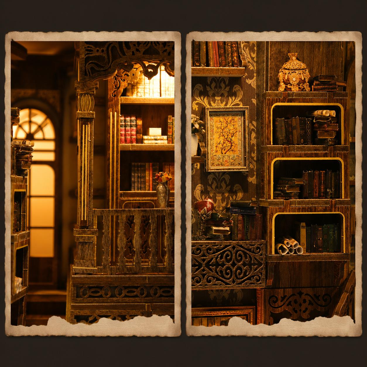 DIY Book Nook Kit Ancient Library – Wooden Miniature Dollhouse with LED Light, Bookshelf Insert Decor
