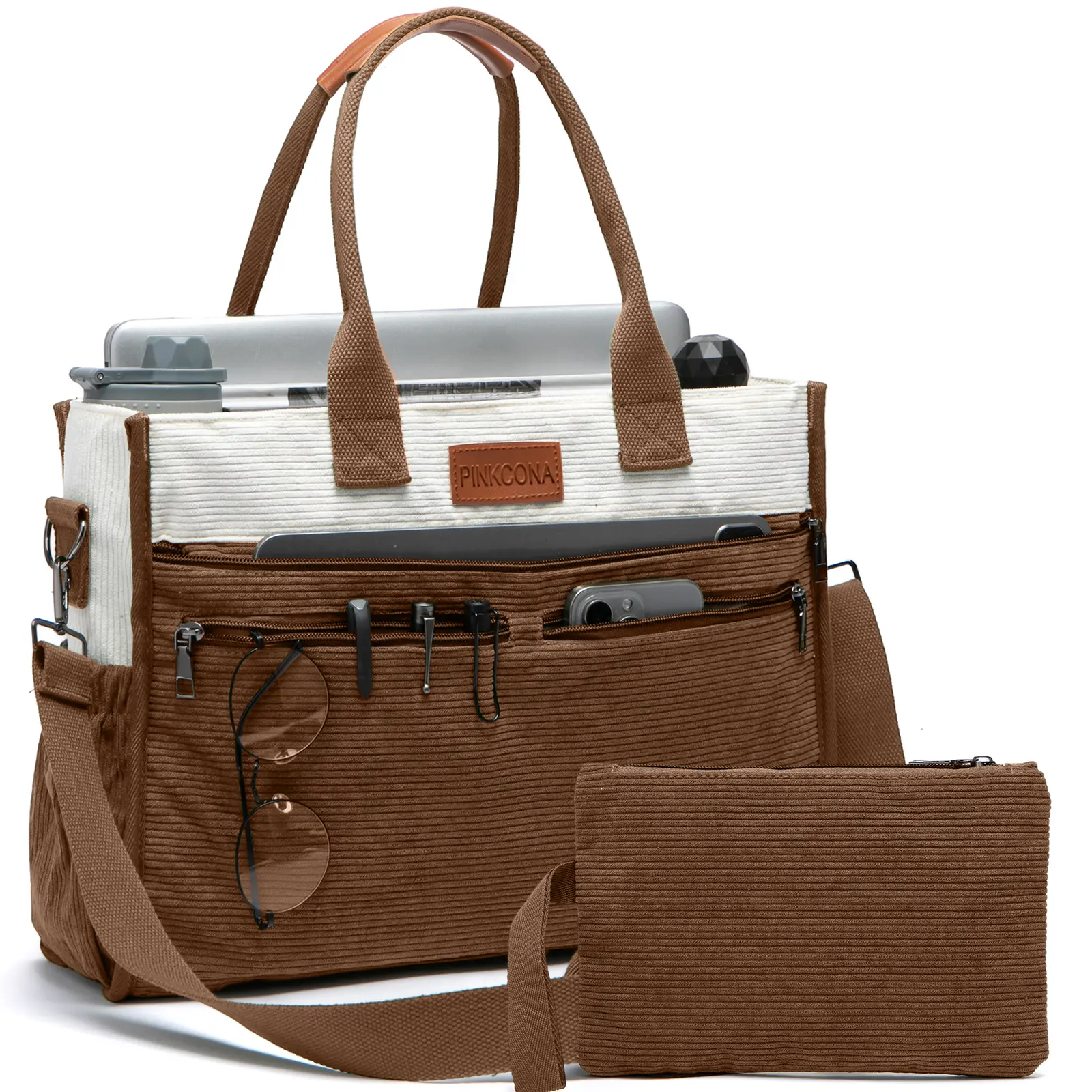Corduroy Tote Bag for Women 2Pcs Set, 14-Pocket Lightweight Laptop Work Tote, Teacher & College Travel Crossbody Bag