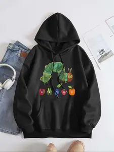 Women's Cartoon Caterpillar & Fruit Print Drawstring Pocket Hoodie, Casual Drop Shoulder Long Sleeve Hooded Sweatshirt, Ladies Fall & Winter Clothes