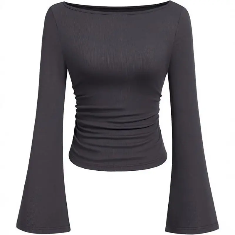 Boat Neck Solid Ruched Long Sleeve Tee Spring Statements, sexy solid color boat neck bell sleeve slim-fit ruched top, European and American style hot girl solid color boat neck bell sleeve T-shirt