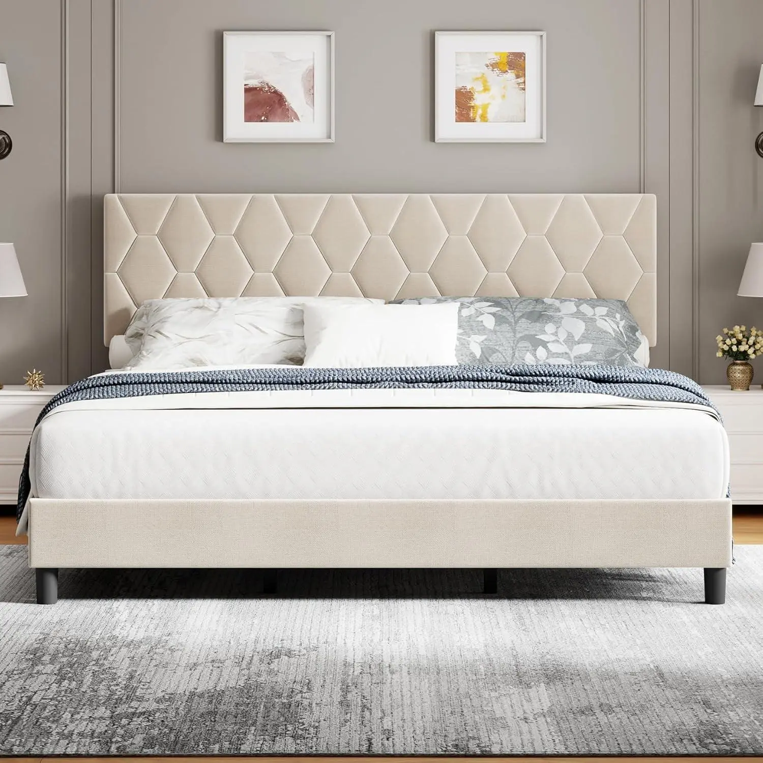 Gaomon Minimalist Heavy-Duty Upholstered Headboard Bed Frame, 400 lbs Capacity, 8-12 in Mattress Fit, Wooden Slats Support, No Box Spring Needed, Noise-Free Foundation, Easy Setup & Assembly Required, Beige Bedroom Furniture Headboard