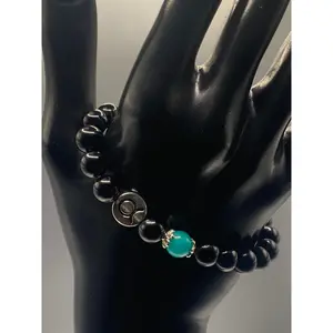 Taurus Zodiac black obsidian with aquamarine chalcedony semi precious stone/crystal elastic beaded bracelet with silver accents