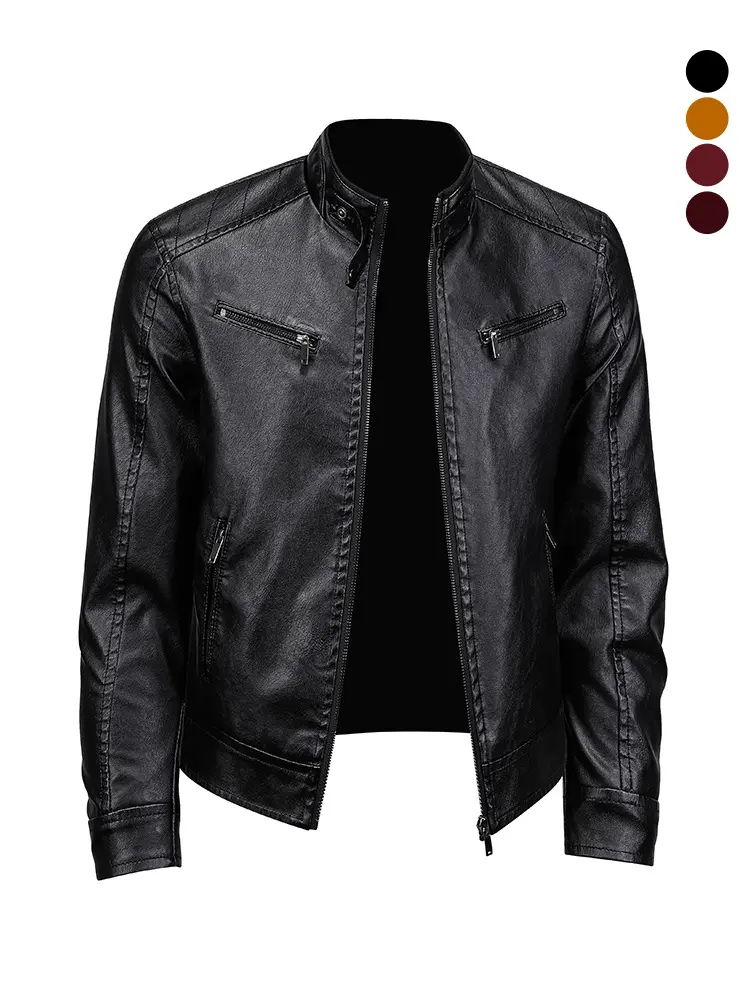 Men’s stand collar leather jacket, casual sporty top with a classic motorcycle design, featuring a front zipper pocket and side zipper pockets at the hem; available in multiple colors, suitable for everyday wear, street photography outings, and cycling.