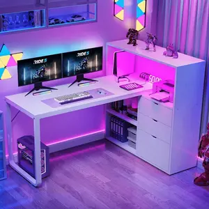 55 Inch White L-Shaped Corner Desk with Drawers, LED Lights & Built-in Power Outlets, Multi-Storage Shelf Computer Desk Nail Art Workstation with Bookshelf for Home Office