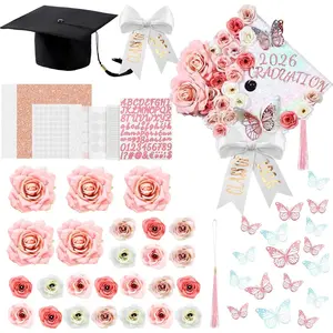 DIY Graduation Cap Decorations Kit  Grad Cap Topper Artificial Flower Heads  Artificial Bow Alphabet Letter Rhinestones Stickers Glitter Paper for Grad Party Decoration ()