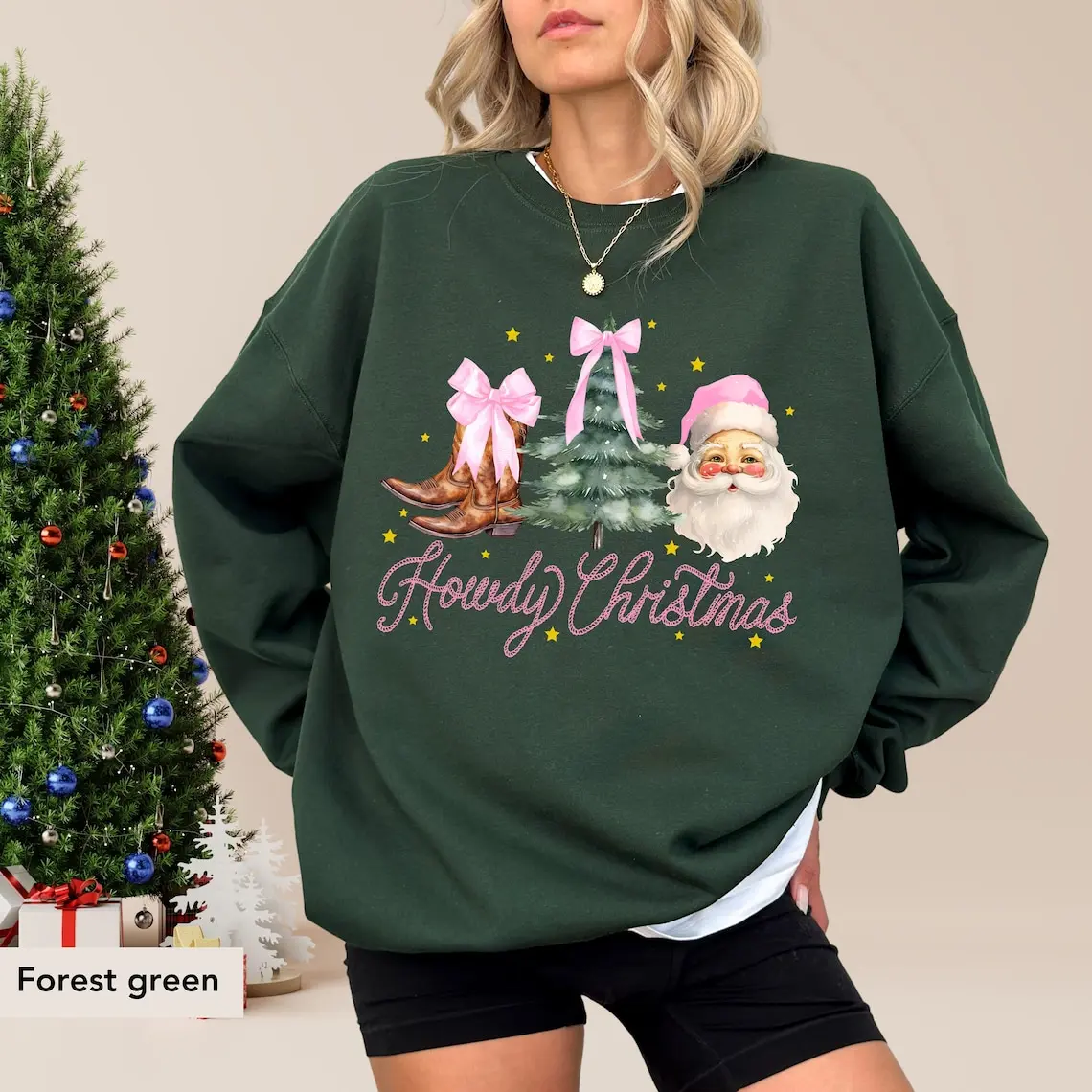 Howdy Christmas Pink Coquette Sweatshirt, Retro Christmas Cowgirl Shirt, Western Pink Christmas Sweatshirt For Women, Coquette Xmas FN