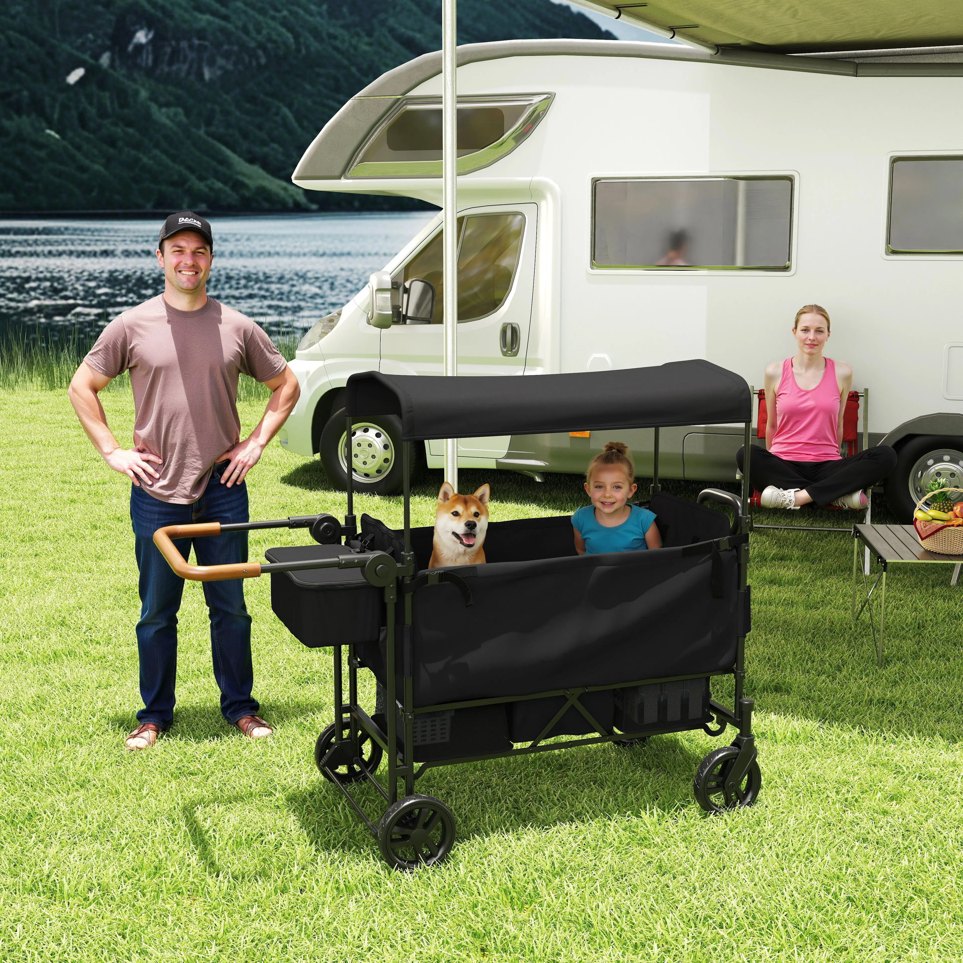 Wagon Stroller for 2 Kids,Adjustable Height Push/Pull Handle,Detachable and Movable canopy,8" All-Terrain PU Wheels,Foldable Lightweight Frame,97L Large Capacity for Daily Walks,Camping&Grocery Runs