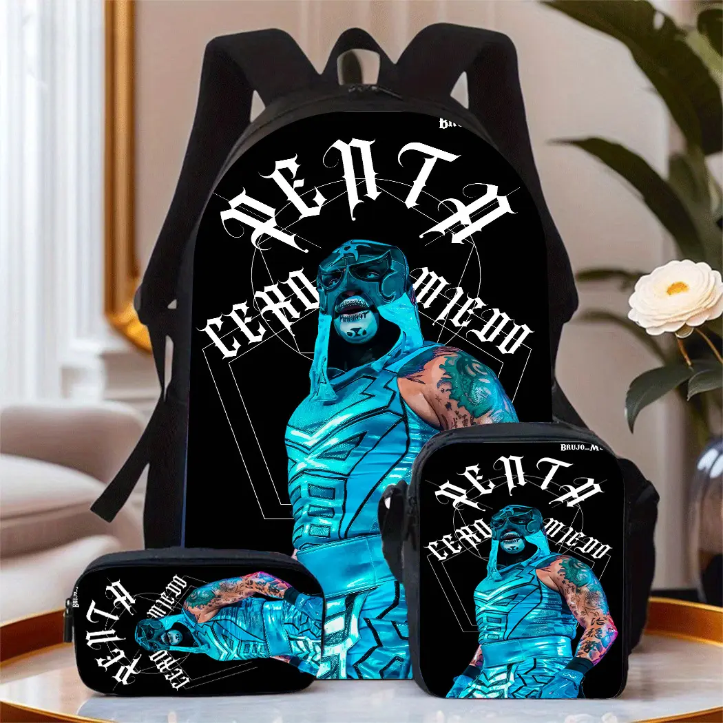 Mexican Wrestler Themed Three-Piece Unisex Backpack Set, including a school bag, pencil case, and crossbody bag. Features a cool handle print, large-capacity laptop backpack, suitable for daily commuting, and makes a great gift for friends and family