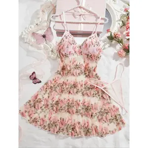 Flash & Finesse Women's 2-Piece Sleeveless Butterflies Embroidery Cami Nightdress Set, Comfy Elegant All-Season Sleepwear & Loungewear, Cute Fashion Accessory Set for Festival Gifting