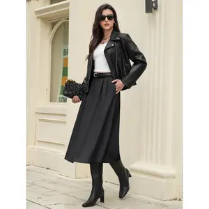 Women's High-Waisted Fitted Flared A-Line Midi Skirt - Dressy Feminine Laminated Bottom with Drape Soft Fabric, Breathable Structure, Functional Pockets, Elegant Pleats, Practical Side Slit, Smart Casual Office-Ready Flared Skirt