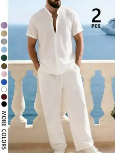 Men's two-piece set, button-up short-sleeved shirt + drawstring Trouser pants, summer casual beach and home wear, Y2K streetwear Menswear men's matching set Outfit #MenSummerSet #Streetwear #Y2K