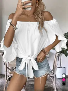 2026 Spring Summer Women's Feminine Off Shoulder Blouse, Ruffle Split Sleeve Tie Knot Front Casual Top, Elastic Neckline Loose Fit Shirt for Beach & Daily