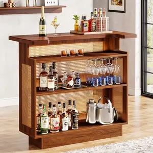 LITTLE TREE Home Bar Unit, 4-Tier Liquor Bar Table, Mini Bar with Wine Racks and Glass Holder, Farmhouse Bar Cabinet for Home Kitchen Pub