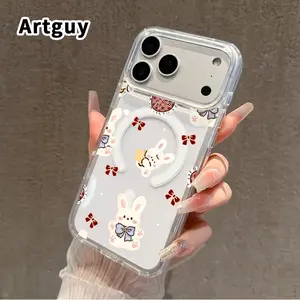 Magnetic Soft Case for iPhone 17 16  Pro Max Plus 15 14 13 12 11 Air E Bunny Bliss Pattern Anti-Yellowing Shockproof ultra-thin Silicone Crystal Transparent Acrylic Large Hole Cover Supports Wireless Charging