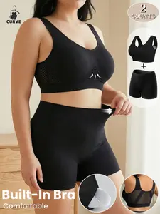 Women's Plus Size Bra Set & Comfortable Support Shorts, Breathable Hollow Back Design, Elastic Waistband, Ideal for Yoga & Daily Wear, Workout Sets Women
