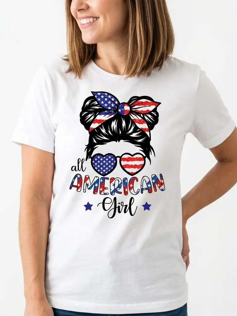 All American Girl Tee Flag Graphic 100% Cotton White Black S-5XL Women Patriotic-outfit Independence-day Gift