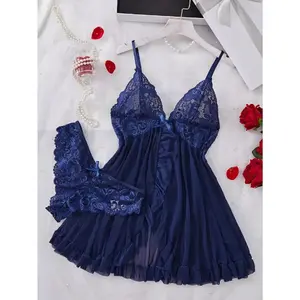 Women's Lace Sexy Halter Nightdress Set Sleepwear Nightgown Made of Net Fabric, Strap Nightgown, Suitable for Home Loungewear Womenswear Comfort Homewear Basic Blue Fitted Minimalist Sleeveless night gown women