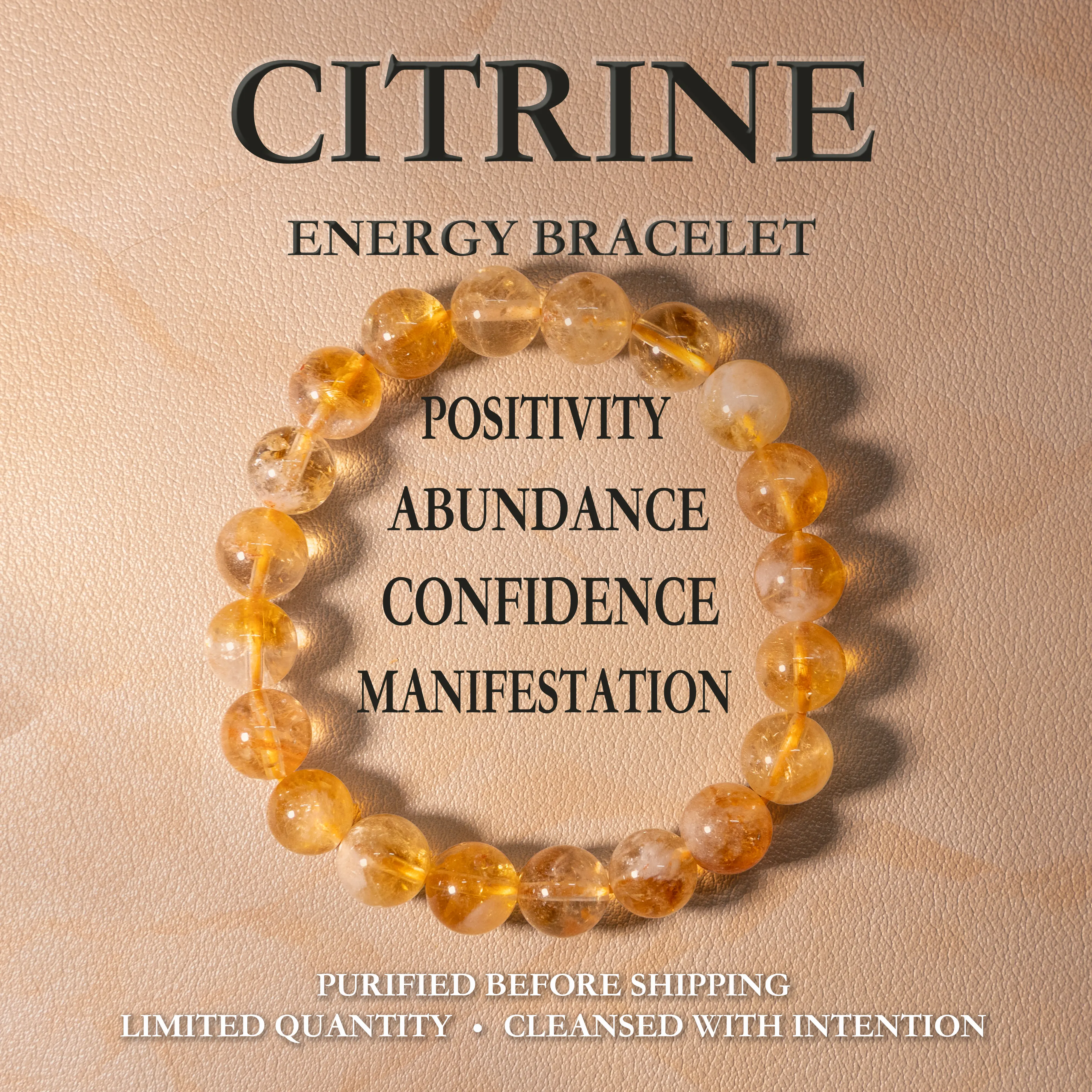 Natural Citrine Crystal Bracelet with 8mm Golden Rutilated Quartz Beads, for Confidence & Abundance