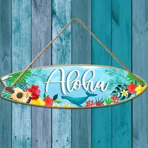 Summer Wooden Sign, Surfboard Shape Decoration, Pool Beach Aloha Outdoor Wall Art Backyard Decorative Plaque 16"x5", Best Gift Creative Jewelry Accessory