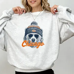 Classic crewneck sweatshirt, decorated with a sunglasses-wearing bear motif.
