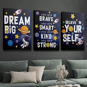 3 wooden framed canvas paintings, space-themed decorative art, vibrant astronaut and inspirational quote art, interior home wall decoration