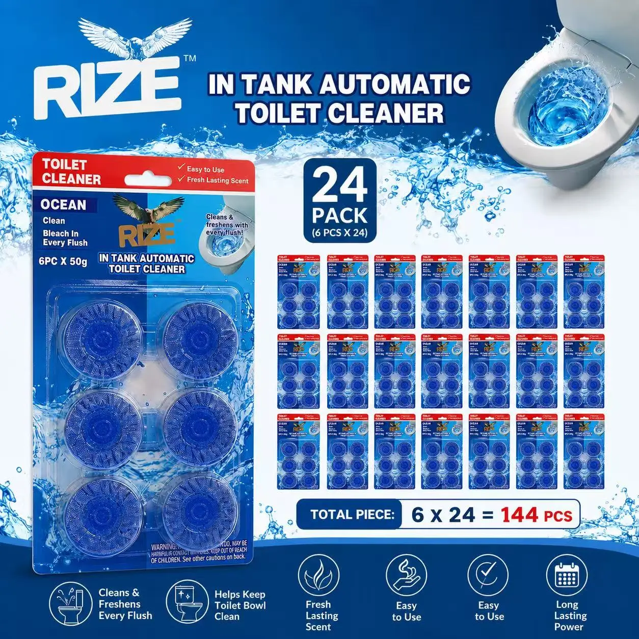 RIZE Household Toilet Tank Cleaning Set, 144-Pack Tablets for Daily Cleaning, Fresh Lasting Toilet Care Supplies
