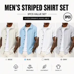 3-pack men’s striped short-sleeve shirts, button-down collar/durable/colorfast/no pilling/non-shrink/suitable for summer casual wear, everyday wear, travel, and sports