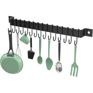 Housolution Kitchen Rail with 15 Hooks, 16 Inch Wall Mounted Hanging Utensil Rack Kitchen Utensil Hanger for Kitchen, 1 Pack, Black