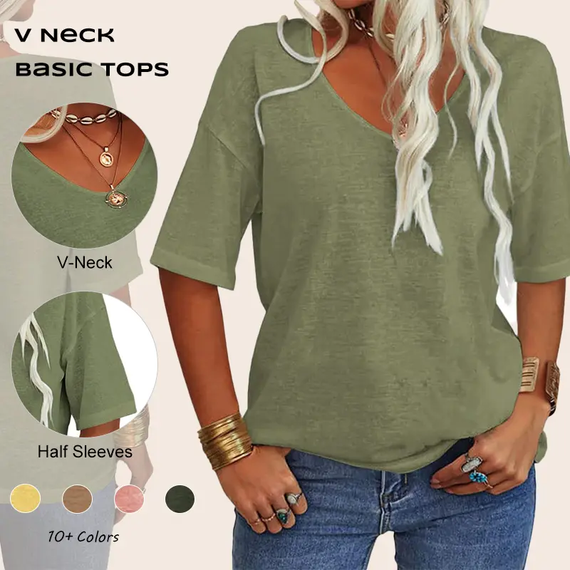 Imily Bela Women Fashion V-Neck Half Sleeves Oversized T Shirt Solid Casual Loose Basic Tops