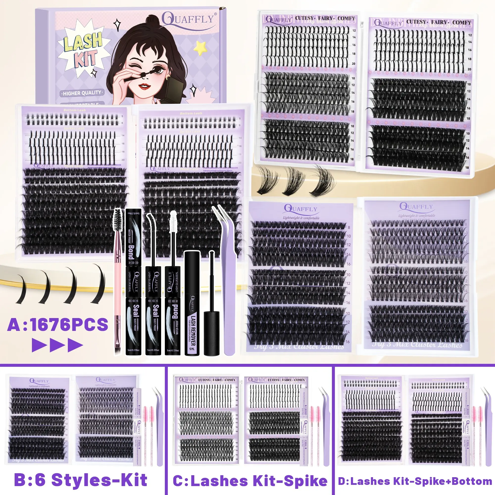 DIY Eyelashes Extensions Kit A:1676Pcs D Curl Individual Spike Manga Lash Clusters with Bottom Lashes, Lash Bond and Seal, Remover Tweezers Brush, Eyelash Extensions