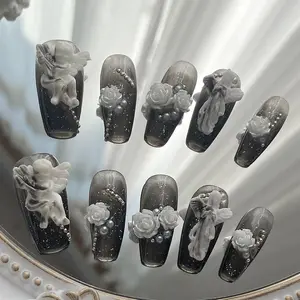 10 Piece Long Coffin Nails, Dark Angel Design, Removable Reusable Nail Art, Handmade Fake Nails for Girls and Ladies