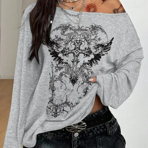 Women's Cross Wings Print Off-Shoulder Long Sleeve Top, Vintage Gothic Y2K Dark Streetwear, Loose Baggy Fit Casual Tee for Music Festival, Apparel T Shirt