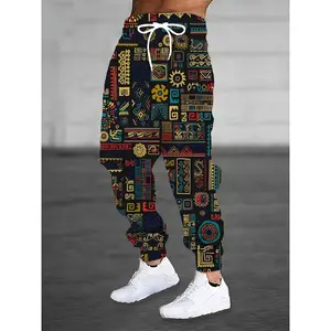 Men's Plus Size Casual Athletic Joggers - Vibrant Geometric Print, Drawstring Waist, Polyester Knit Fabric, Comfortable for Casual Attire, Athletic Leisure Pants |   Casual Sporty Look |   Pocketed Joggers, PLUS SIZE