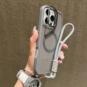 Transparent matte acrylic magnetic phone case with wrist strap suitable for iPhone 17/17Air/16/15/14/13/12/11 Pro Max Plus, shock resistant and compatible with Magsafe wireless charging case for both men and women