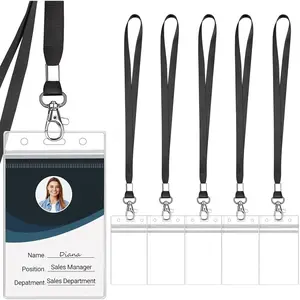Clear ID Badge Holder with Lanyard Water Proof Vertical Display  Card Name Card Protector with Zipper Resealable Nametag Holder (Black-6pcs)