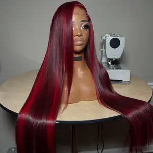 Ombre Red and 99j Colored 200 Density Highlight Red and Burgundy Straight Human Hair Wig 13X6 Transparent Lace Frontal Wig Lace Frontal Human Hair Wigs Pre Plucked for Women