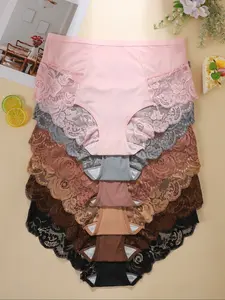 【Plus Size】Women's High-Waisted Ice Silk Panties, Breathable Cotton Lining, Sexy Lace Design, Lace Trim Panty, Casual Style, All Seasons Wear, Pack of 6