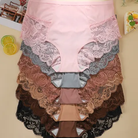 [Plus Size] Women's High-Waisted Ice Silk Panties, High Waist Underwear, Breathable Lining, Sexy Lace Design, Lace Trim Panty, Casual Style, All Seasons Wear, Pack of 6