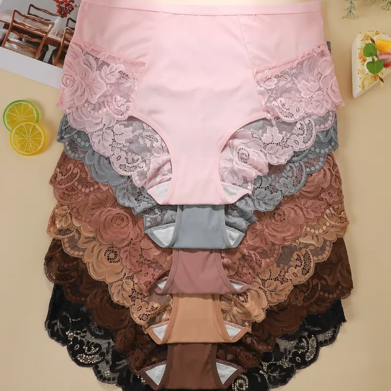 [Plus Size] Women's High-Waisted Ice Silk Panties, High Waist Underwear, Breathable Lining, Sexy Lace Design, Lace Trim Panty, Casual Style, All Seasons Wear, Pack of 6