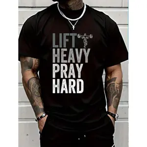 Heavy Lifting Pray Hard Christian Faith Gym T-Shirt for Men Casual Loose Fit Round Neck Tropical Cotton