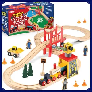 Play22 Wooden Train Set Toddler Toys - 38 Pieces Wood Train Track Set for Toddlers 3-4 Years with Crane, Bridge & Accessories(Gag Toys & Practical Jokes)(Gag Toys & Practical Jokes)