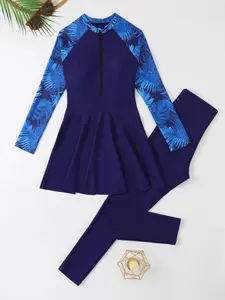 Two-piece Set Women's Patchwork Leaf Print Zipper Swim Top & Swim Pants, Long Sleeve Round Neck Swimwear & Swim Leggings, Bikini Sets, Casual Sporty Swimsuit for Women