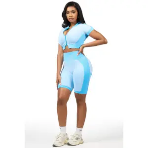 Gisselle Blue Zip Up Active Bike Short Set