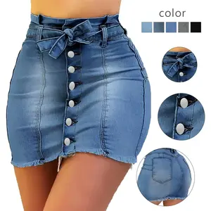Women's High - Waisted Denim Mini Skirt with Button - Down & Bow - Accent - Retro - Inspired Style Womenswear Feminine